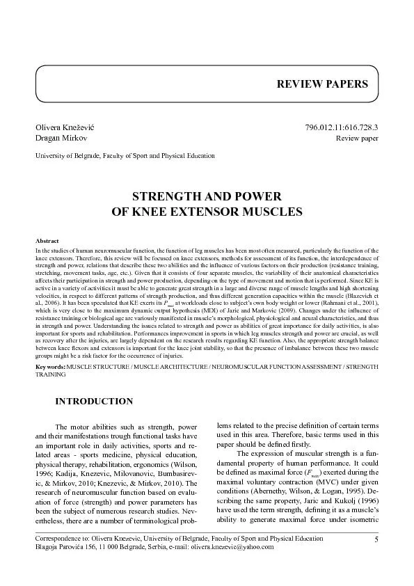 O., Mirkov D., Strength and Power of Knee Extensor Muscles, PHYSICAL