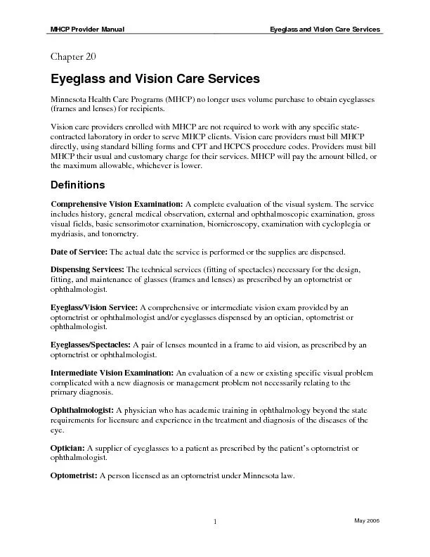 MHCP Provider Manual Eyeglass and Vision Care Services