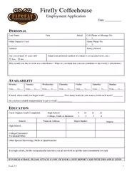 Form  Firefly Coffeehouse Employment Application ate