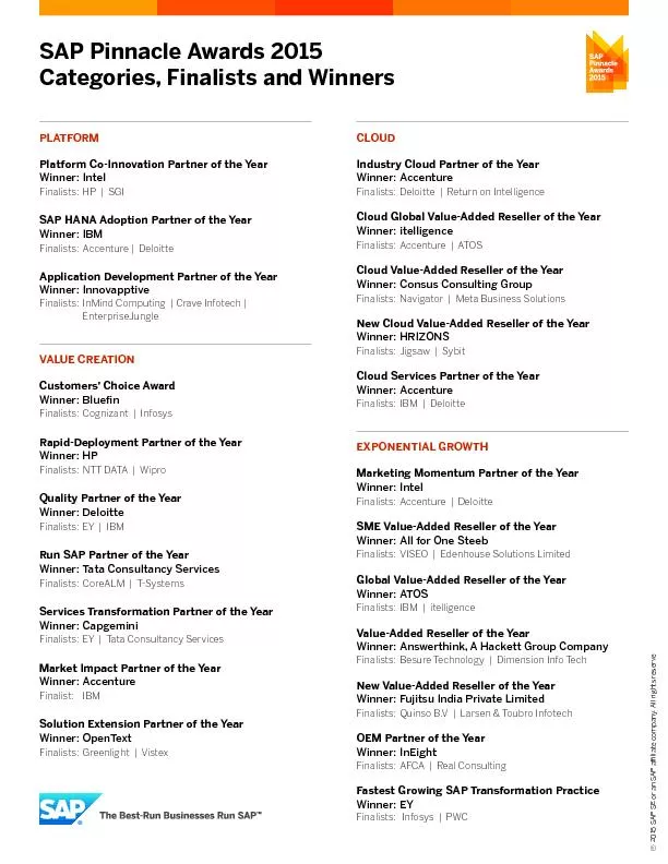 SAP Pinnacle Awards 2015Categories, Finalists and Winners