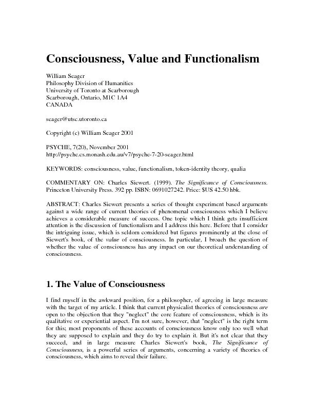 Consciousness, Value and Functionalism