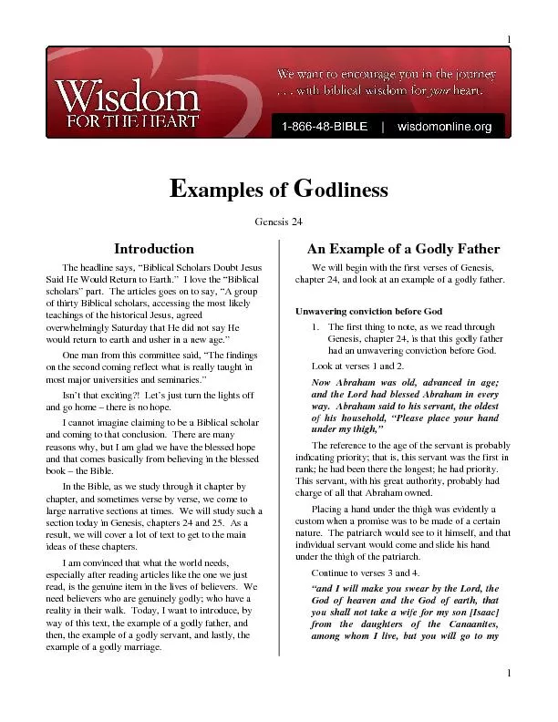xamples of odliness Genesis 24 Introduction The headline says, 