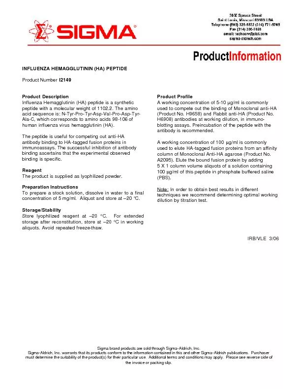 INFLUENZA HEMAGGLUTININ (HA) PEPTIDE  Product Number I2149   Product D