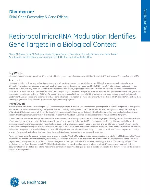 Reciprocal microRNA Modulation Identi�es Gene Targets in a