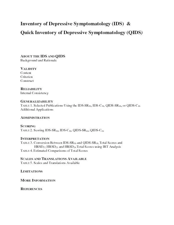 Inventory of Depressive Symptomatology (IDS)  & Quick Inventory of Dep