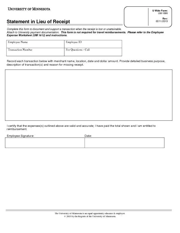 Statement in Lieu of ReceiptComplete this form to document and support