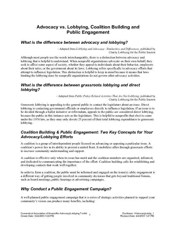 Advocacy vs. Lobbying, Coalition Building and  Public Engagement 
...