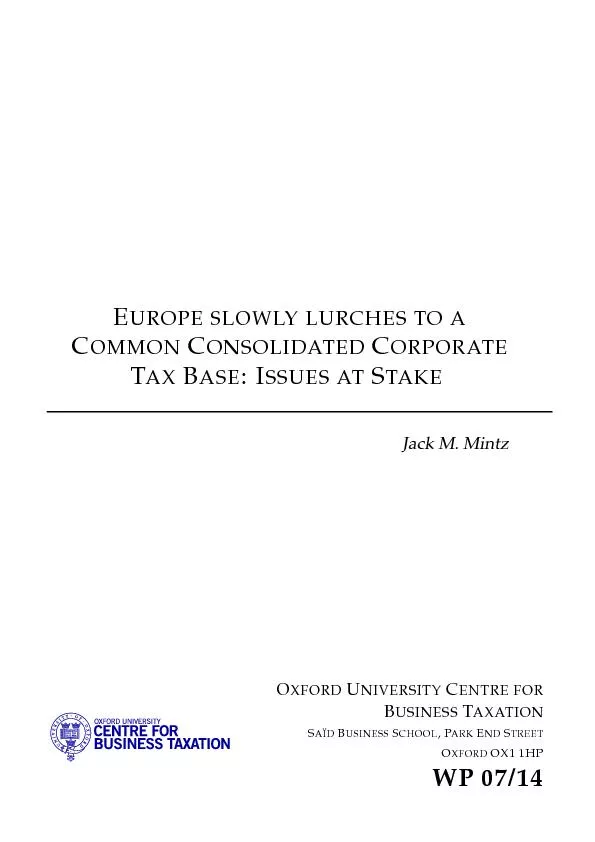 Europe Slowly Lurches to a Common Consolidated Corporate Tax Base: 
..