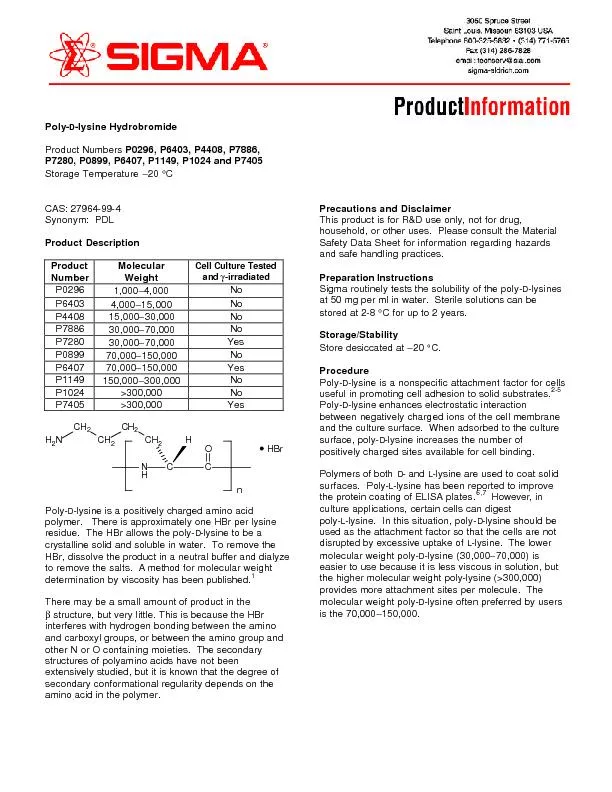Polylysine Hydrobromide  Product Numbers P0296, P6403, P4408, P7886,