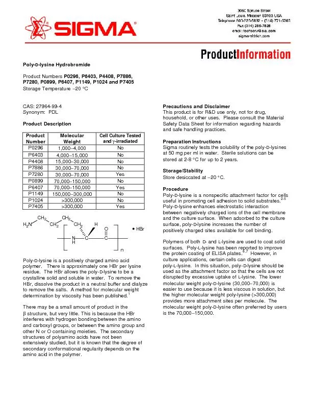 PDF-Polylysine Hydrobromide Product Numbers P0296, P6403, P4408, P7886,