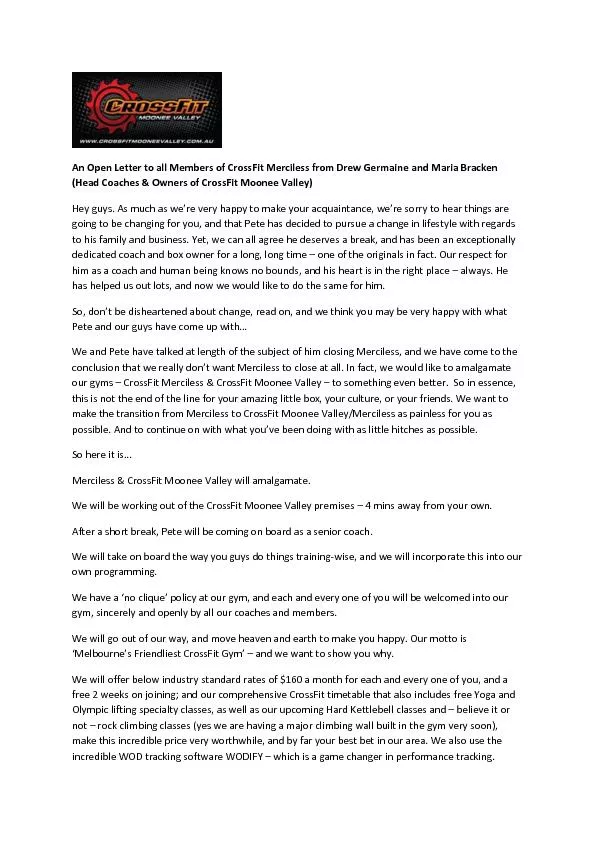 n Open Letter to all Members of CrossFit Merciless from Drew Germaine