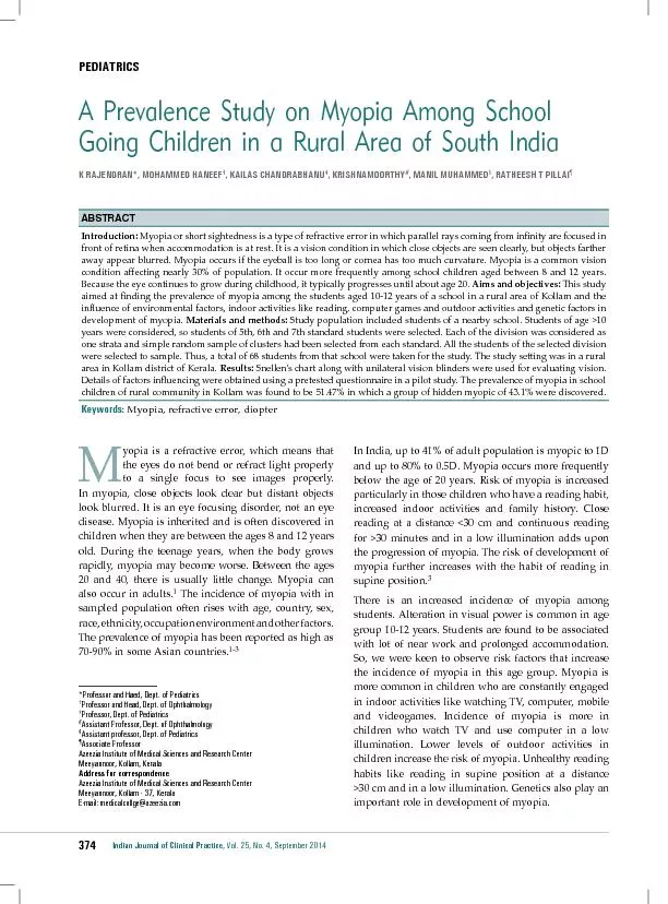 A Prevalence Study on Myopia Among School Going Children in a Rural Ar