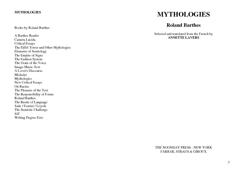 MYTHOLOGIESBooks by Roland Barthes  A Barthes Reader Camera Lucida The