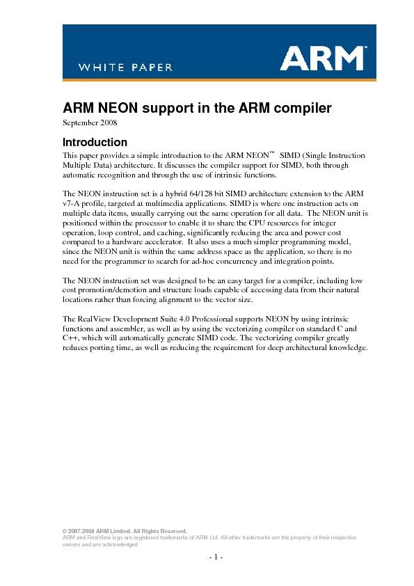 ARM NEON support in the ARM compiler September 2008 introduction to th