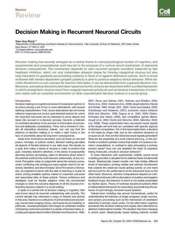 DecisionMakinginRecurrentNeuronalCircuitsXiao-JingWangDepartmentofNeur