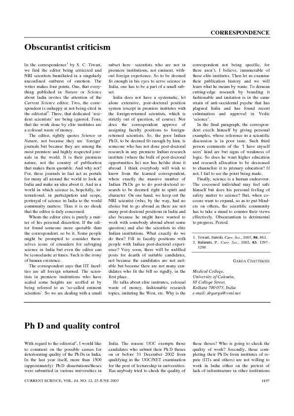 CORRESPONDENCE   CURRENT SCIENCE, VOL. 84, NO. 12, 25 JUNE 2003 1497
.