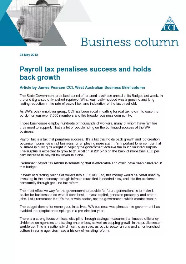 23 May 2012 Payroll tax penalises success and holds back growth Articl