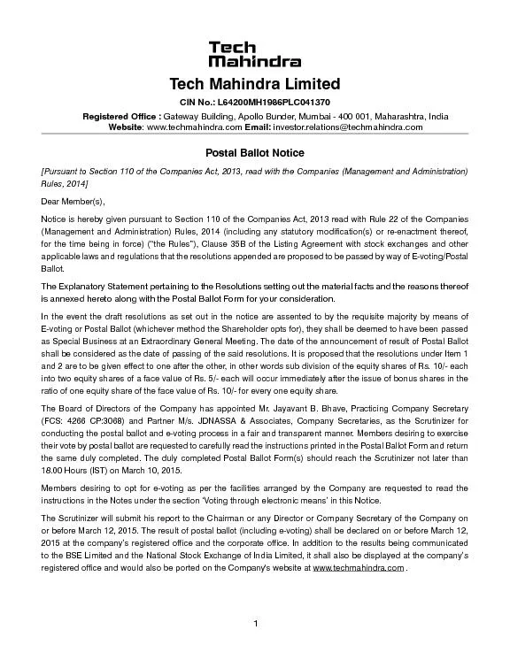 Tech Mahindra LimitedGateway Building, Apollo Bunder, Mumbai - 400 001
