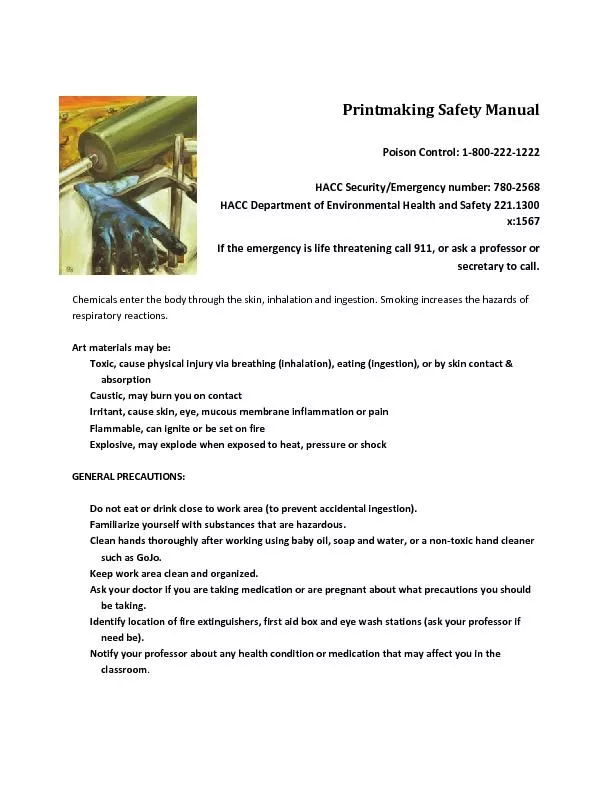 PrintmakingSafety ManualPoison Control: 18002221222HACC Security/Emerg
