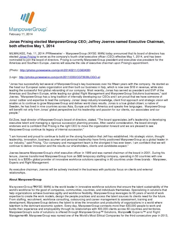 Jonas Prising elected ManpowerGroup CEO; Jeffrey Joerres named Executi