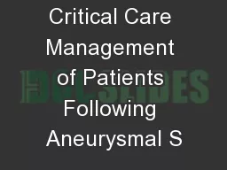 Critical Care Management of Patients Following Aneurysmal S