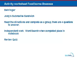 Activity worksheet Food borne illnesses