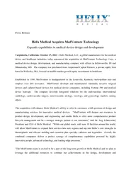 Press Release Helix Medical Acquires MedVenture Techno