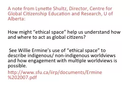 A note from Lynette Shultz, Director, Centre for Global Cit