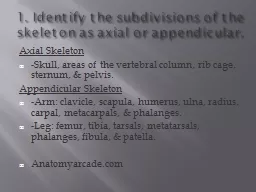 1. Identify the subdivisions of the skeleton as axial or ap
