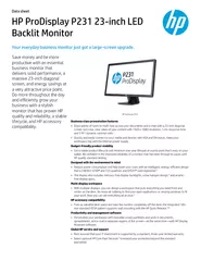 Data sheet HP ProDisplay P  inch LED Backlit Monitor Y