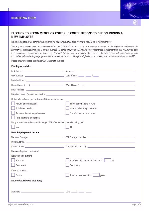 Rejoin Form GS1 February 2012Page 1 of 2ELECTION TO RECOMMENCE OR CONT