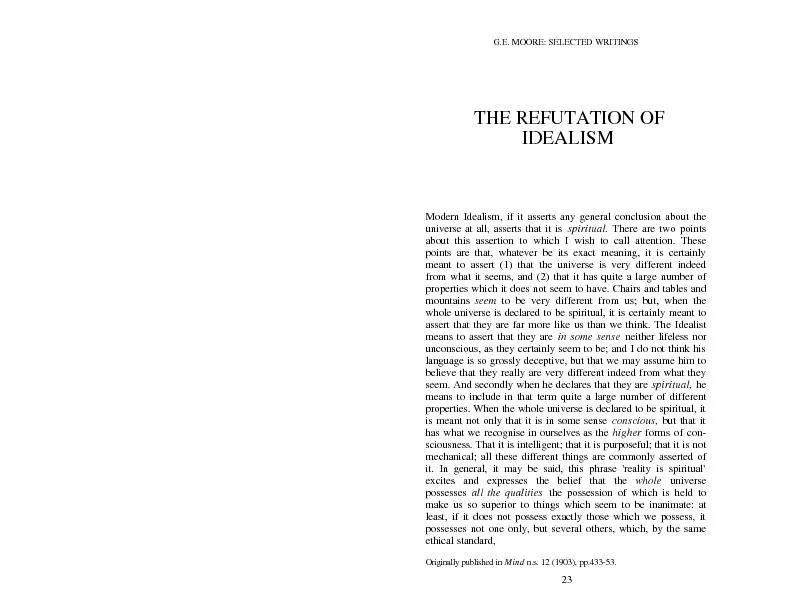 G.E. MOORE: SELECTED WRITINGS THE REFUTATION OFIDEALISMModern Idealism