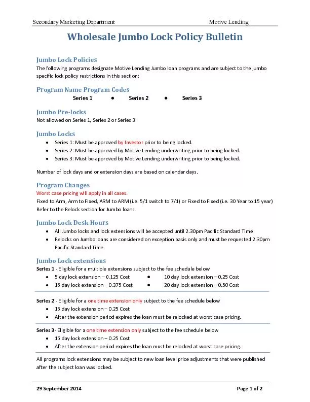 Wholesale Jumbo Lock Policy Bulletin��29 September2014        Page 1 o