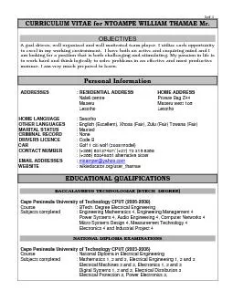 1of 4 CURRICULUM VITAE for NTOAMPE WILLIAM THAMAE Mr.  OBJECTIVES  A g