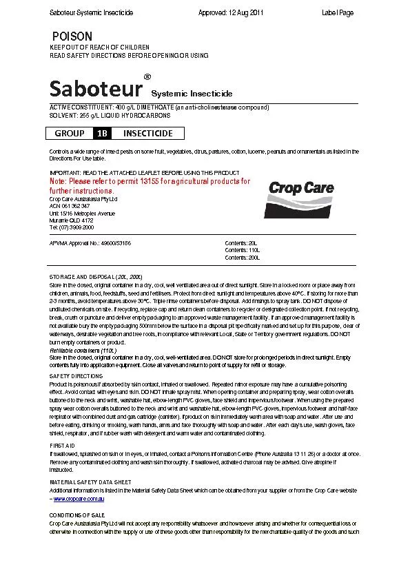 Saboteur Systemic InsecticideApproved: 12 Aug2011Label PagePOISONKEEPO
