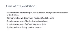 Aims of the workshop To increase understanding of how student funding works for students