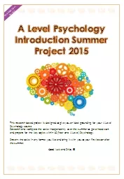 A Level Psychology  Introduction Summer Project 2015