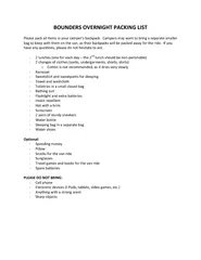 BOUNDERS OVERNIGHT PACKING LIST Please pack all items