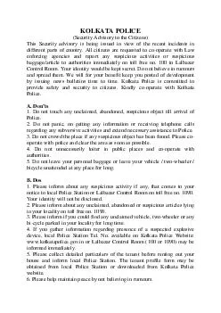 KOLKATA POLICE Security Advisory to the Citizens This Security advisory is being issued