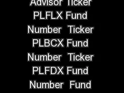September   PL Floating Rate Income Fund Class A Class C Advisor Ticker PLFLX Fund Number  Ticker PLBCX Fund Number  Ticker PLFDX Fund Number  Fund Overview Investment Goal Seeks a high level of curre