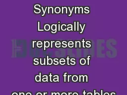 Ch 3  Synonym Synonyms Logically represents subsets of data from one or more tables
