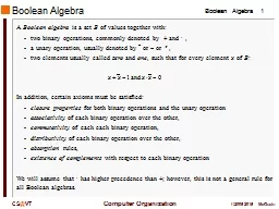Boolean Algebra  A  Boolean algebra