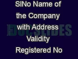 SlNo Name of the Company with Address Validity Registered No