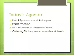 Today’s Agenda Unit 9 Synonyms and Antonyms