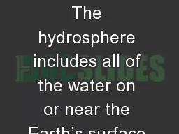 The Hydrosphere The hydrosphere includes all of the water on or near the Earth’s surface.