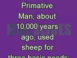 History of  Wool Primative Man, about 10,000 years ago, used sheep for three basic needs: