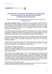 PRESS RELEASE Sanofi Pasteur commends GAVI Alliance fo