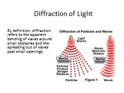 Diffraction of Light By definition, diffraction refers to the apparent bending of waves