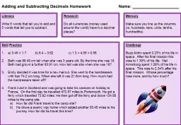Adding and Subtracting Decimals Homework		Name: ____________________
