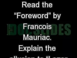 Night  Test  Thursday Read the “Foreword” by Francois Mauriac. Explain the allusion to “Lazar